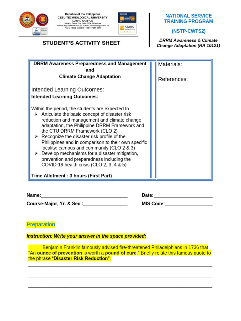 05 - DRRM Awareness Preparation and Management 2 (1) Print | PDF ...