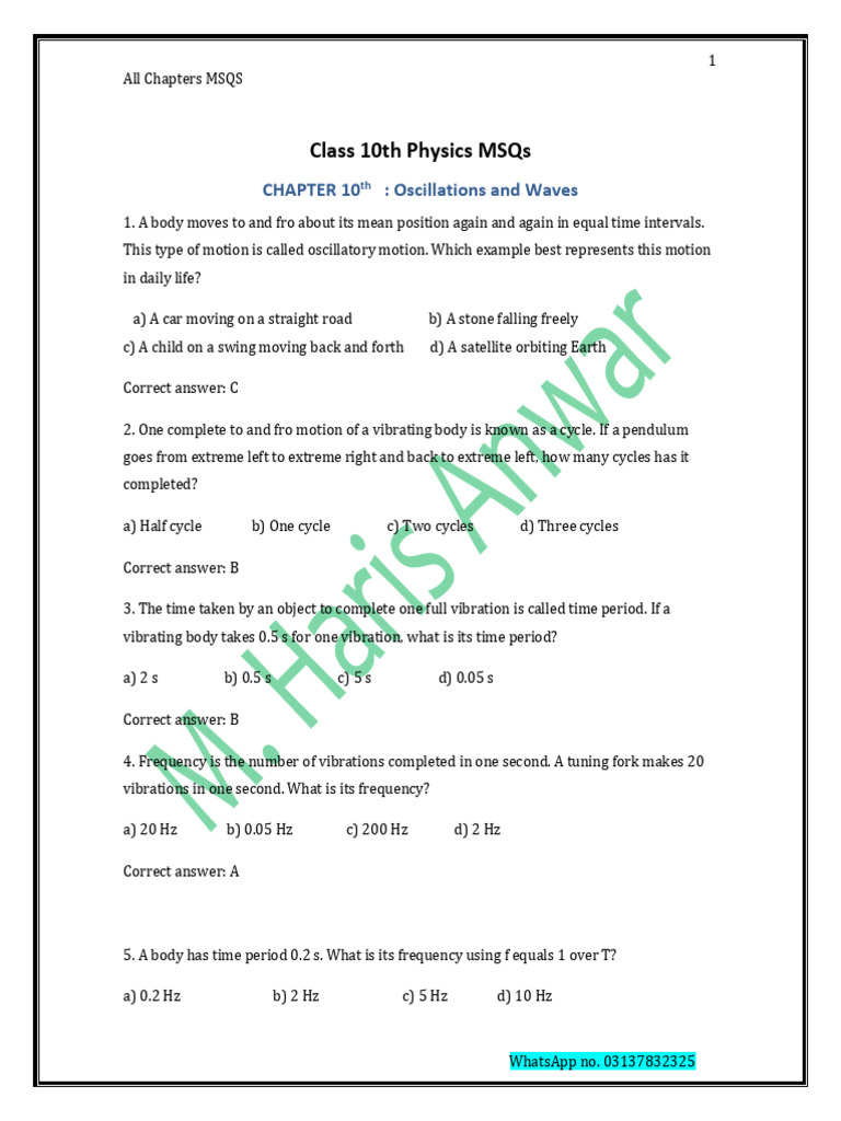 Class 10th Physics MSQS All Chapter | PDF | Capacitor | Waves