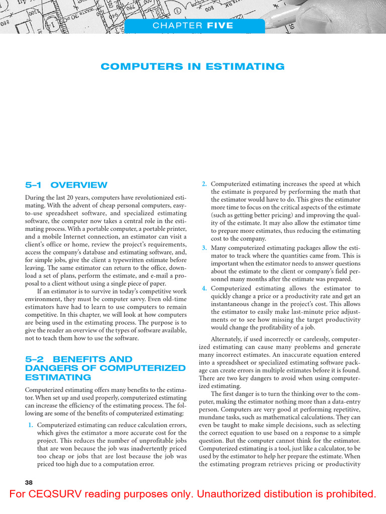 Chapter 5 Reading - Computers in Estimating | PDF