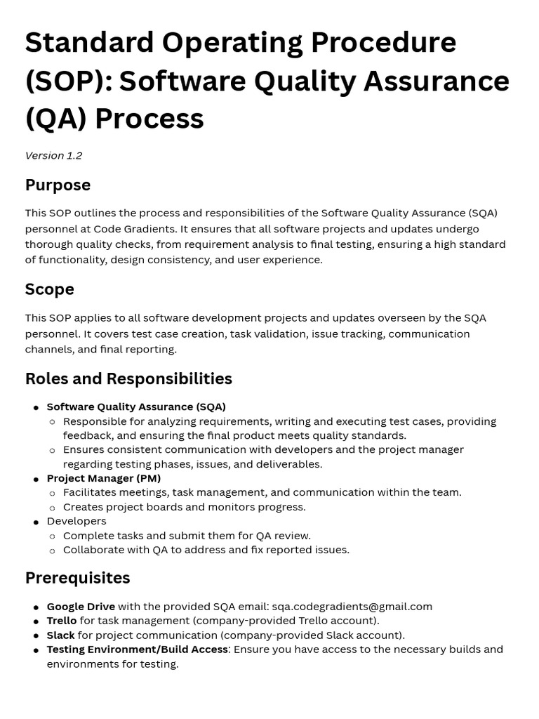 Standard Operating Procedure (SOP) Software Quality Assurance (QA ...
