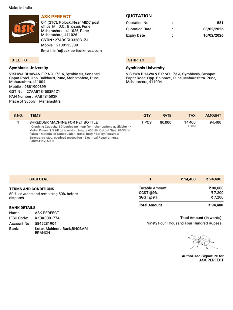 Symbiosis University Quotation 581 | PDF | Machines | Manufactured Goods