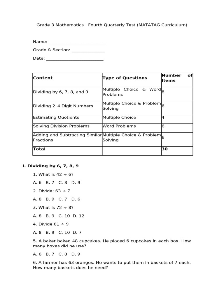 Grade 3 Math 4th Quarterly Test | PDF | Multiple Choice | Chess Openings