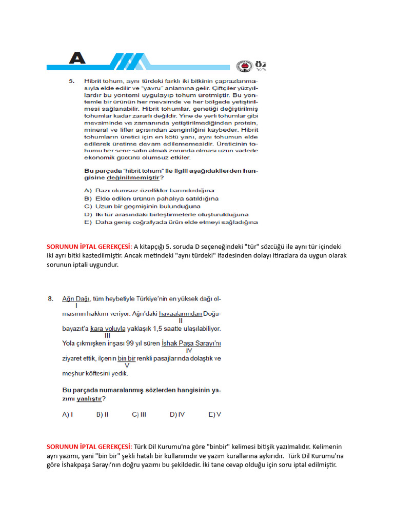 Tyt 4 İptal Edi̇len Sorular Ve Gerekçeleri̇ | PDF