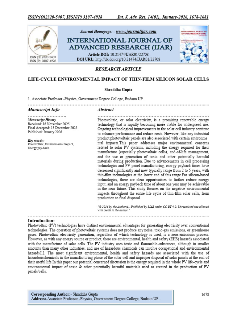Life-Cycle Environmental Impact of Thin-Film Silicon Solar Cells | PDF ...