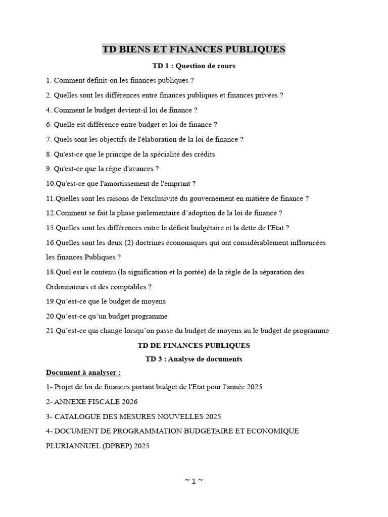 TD de Finances Publiques Question de Cours | PDF