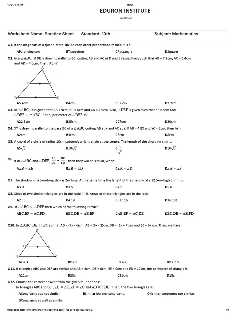 10th Maths Triangles Ws-1 | PDF | Triangle | Euclidean Plane Geometry