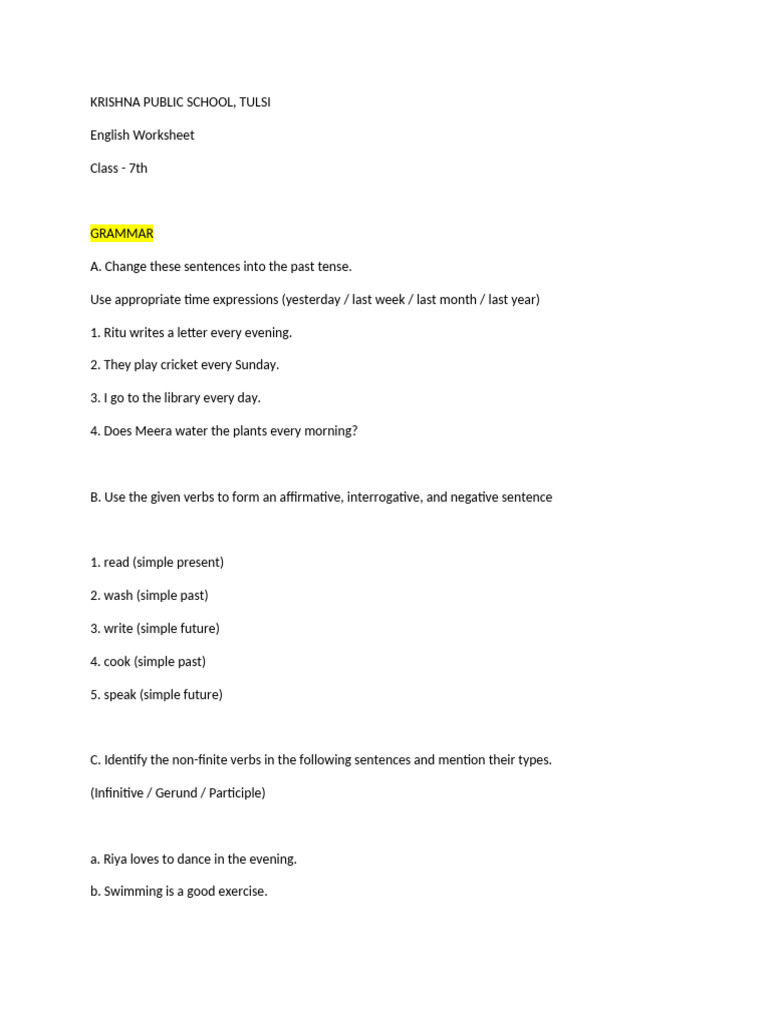 Class 7th English Practice Worksheet WT | PDF | Verb | Linguistics