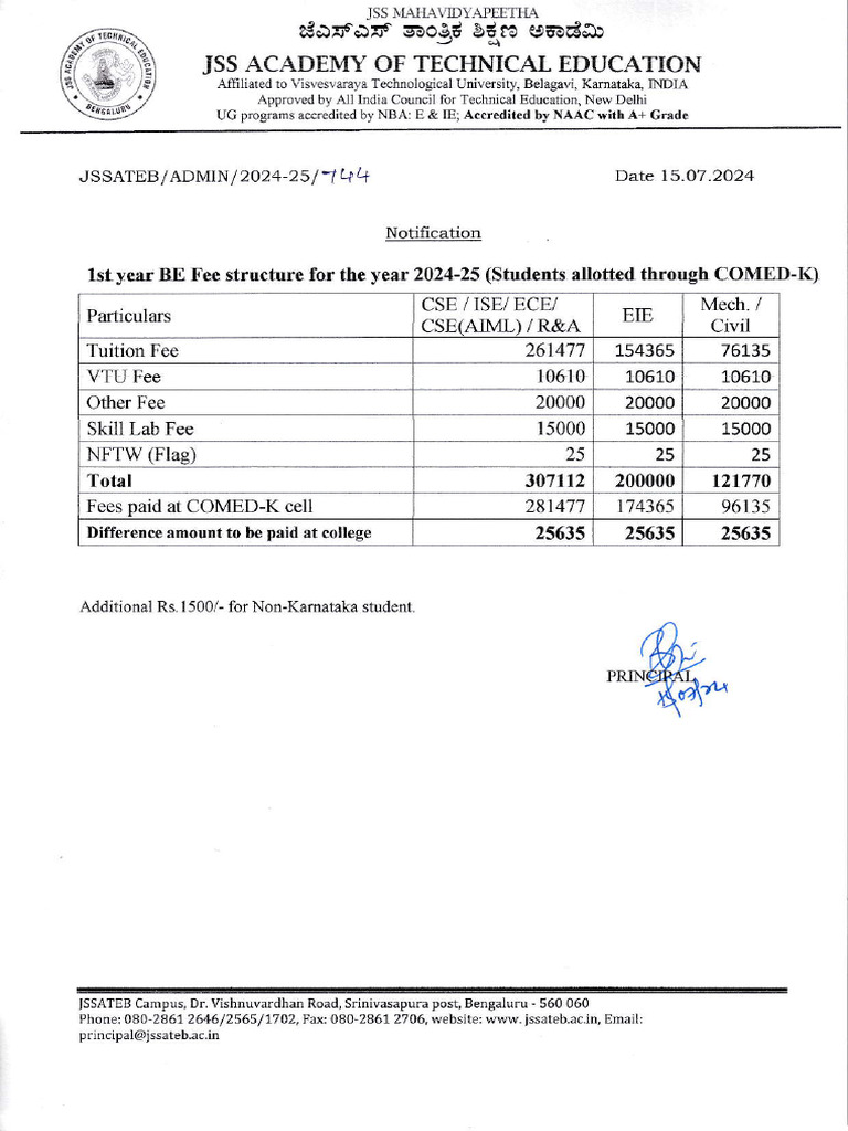 2024-25 Fee Structure For Website (COMED-K) | PDF