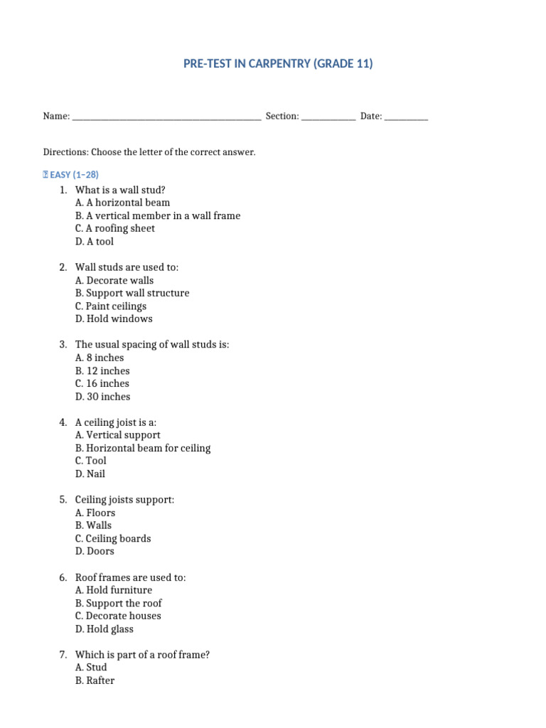 Grade11 Carpentry PreTest | PDF | Framing (Construction) | Wall