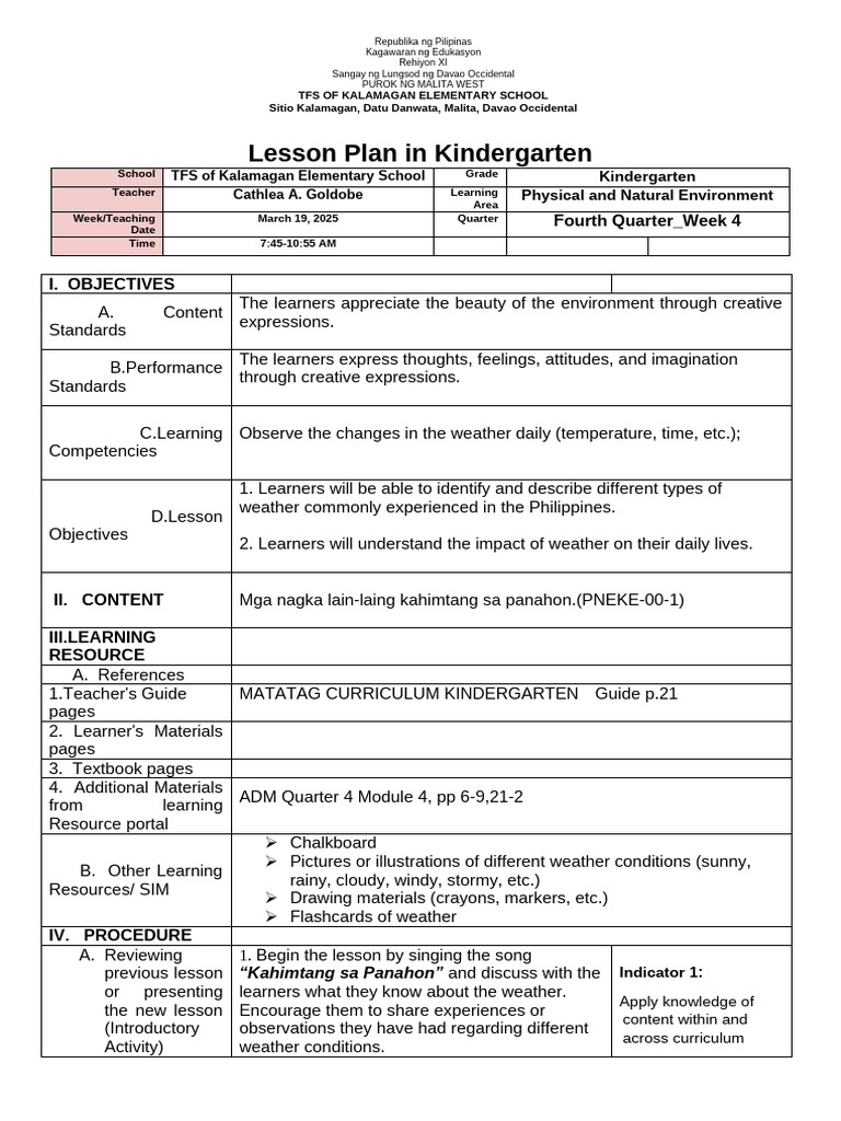 Lesson Plan in Kinder q4 | PDF | Learning | Curriculum