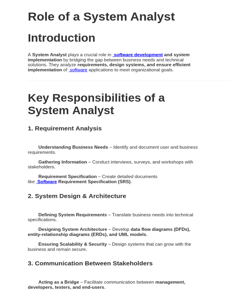 Role of A System Analyst | PDF | Software Development | Software Testing