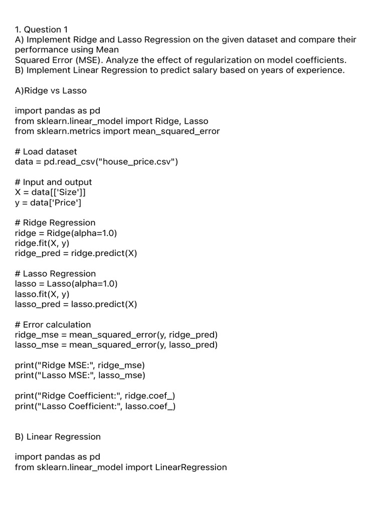 ML Lab SET Questions With Solutions | PDF | Mean Squared Error | Linear ...