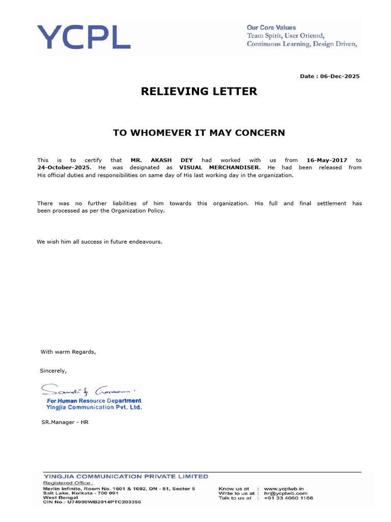 RPT Emp Relieve Letter | PDF