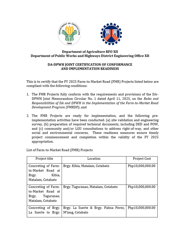 Joint Certification With Da and DPWH | PDF