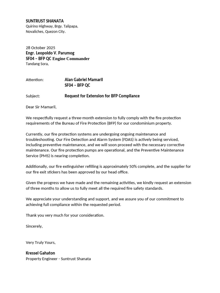 BFP Letter For Extension | PDF
