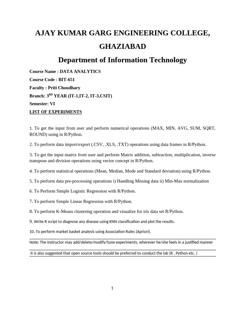 Lab Manual DATA ANALYTICS 2022 | PDF | Matrix (Mathematics) | Data Analysis