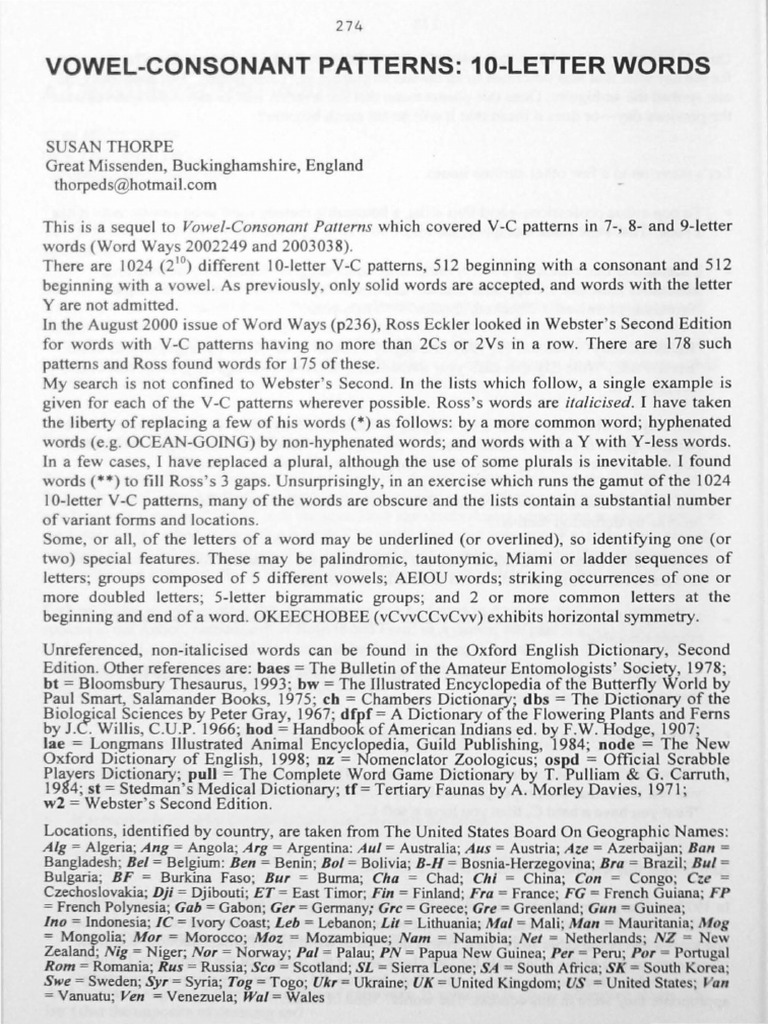Vowel-Consonant Patterns: 10-Letter Words | PDF | Linguistics | Phonetics