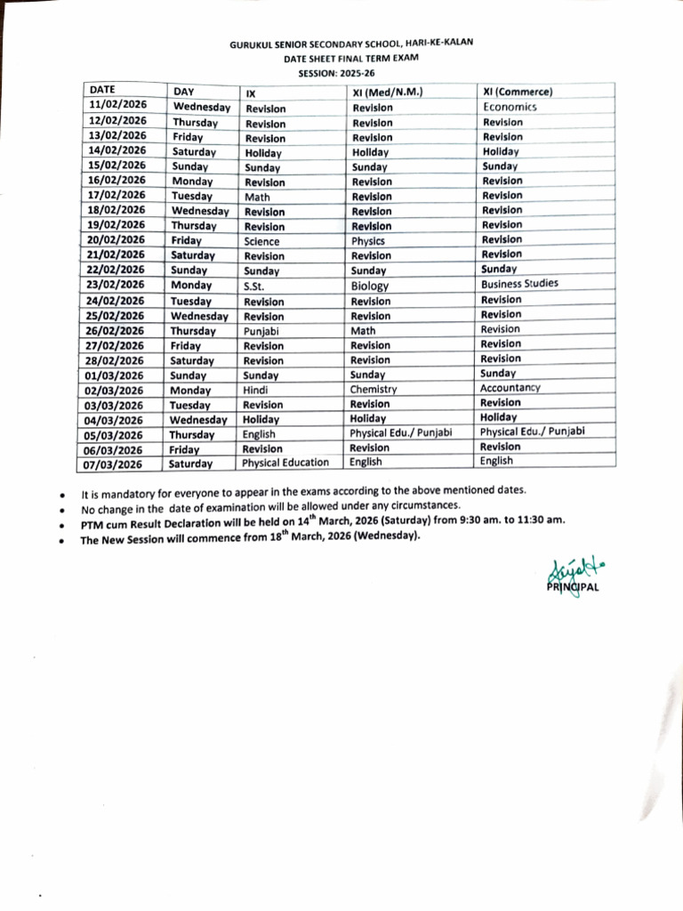 Revised Date Sheet Class 9th & 11th | PDF