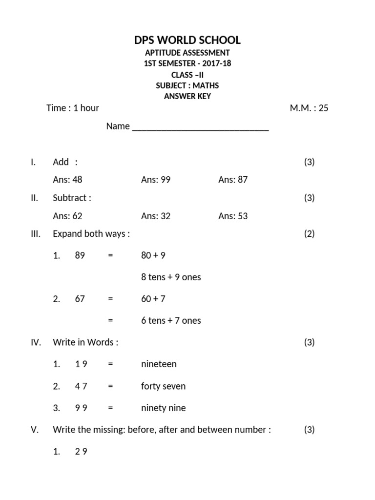 Final Answer Key Math 1st Semester Classes - II-V | PDF