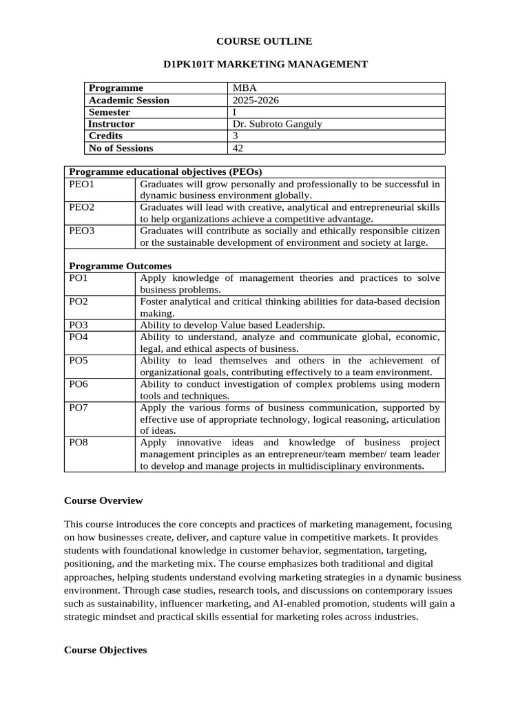 D1PK101T Marketing Management Course Outline 2025 - 26 After Changes ...