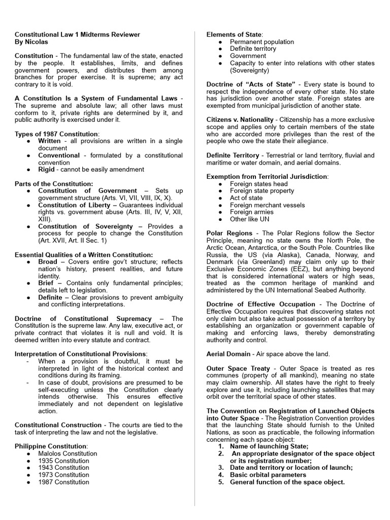 Constitutional Law 1 Midterms Reviewer | PDF | Territorial Waters ...