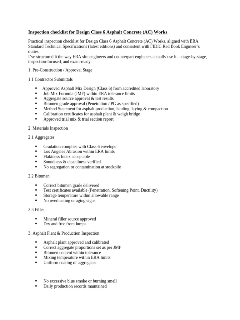 1-Inspection Checklist For Design Class 6 Asphalt Concrete | PDF ...