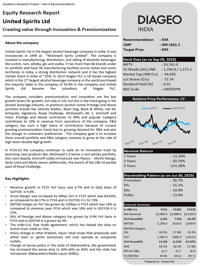 United Spirits LTD: Equity Research Report | PDF | Inflation | Economies