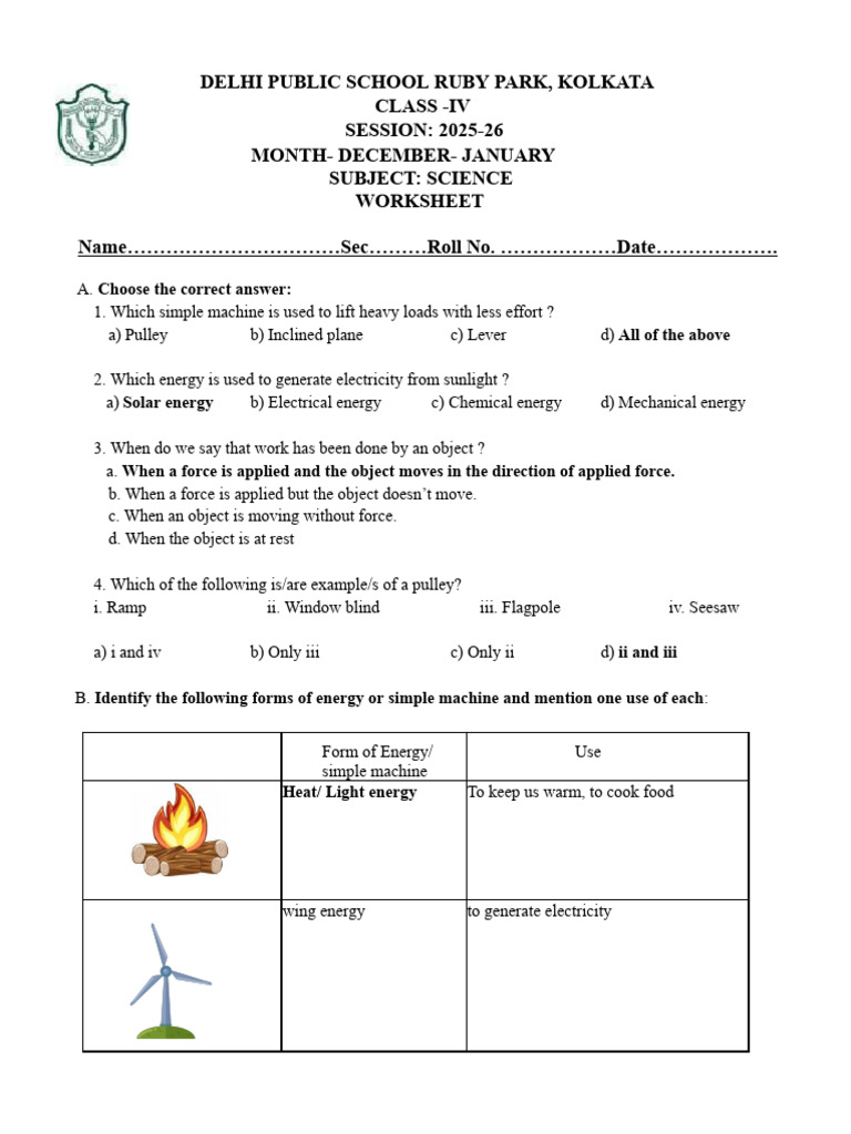 Class 4 Evs Science Worksheet - December 2024 | PDF | Machines | Force