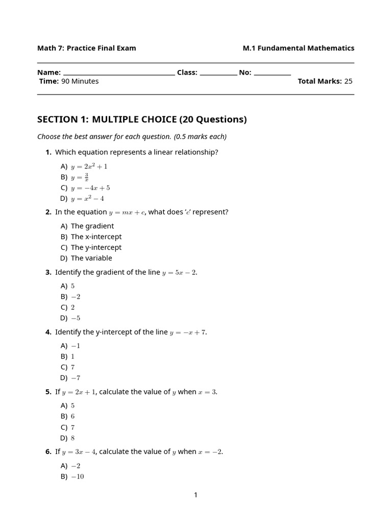 Math 7 Practice Exam | PDF | Elementary Mathematics | Euclid