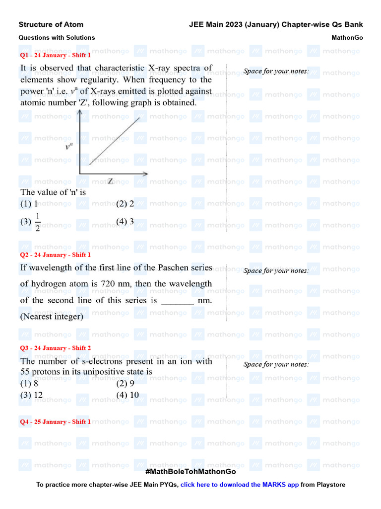Structure of Atom - JEE Main 2023 January Chapter Wise Questions by ...