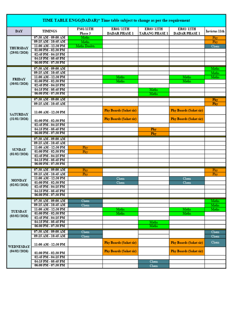 Engineering Timetable From 29-01-2026 To 04-02-2026 | PDF