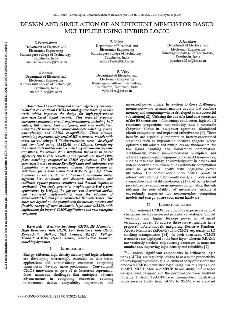 Design and Simulation of An Efficient Memristor Based Multiplier Using ...