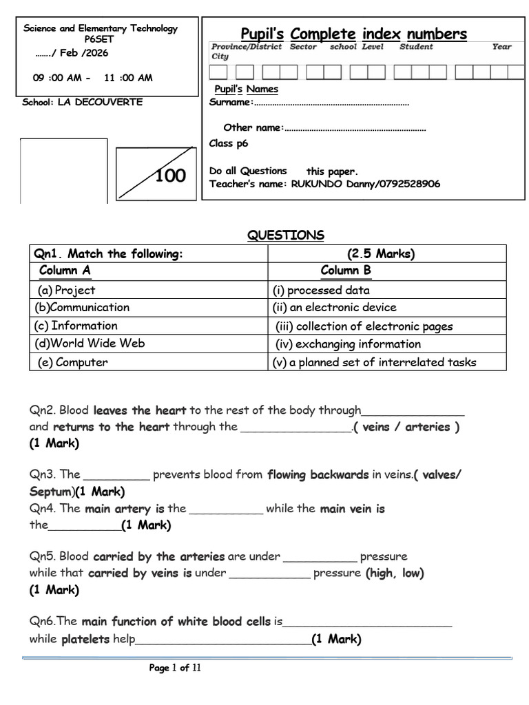 p6 Set Mid Term II Test February2025-2026 | PDF | Lung | Heart