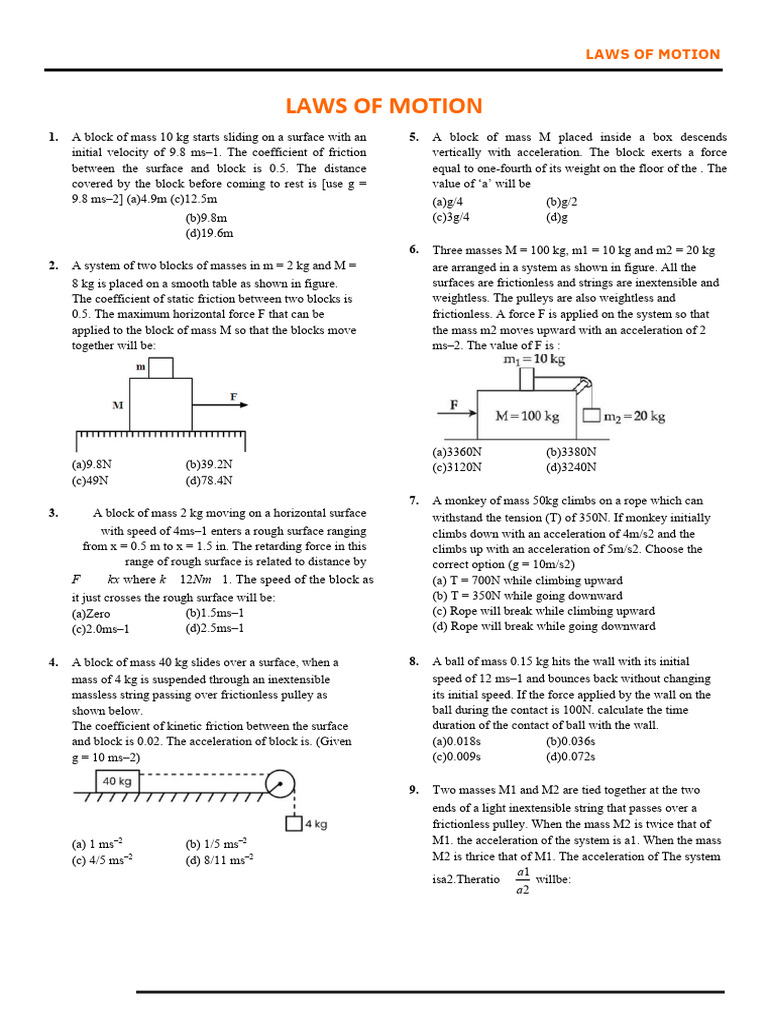 Laws of Motion Practice Paper With Answers PDF | PDF | Force | Friction