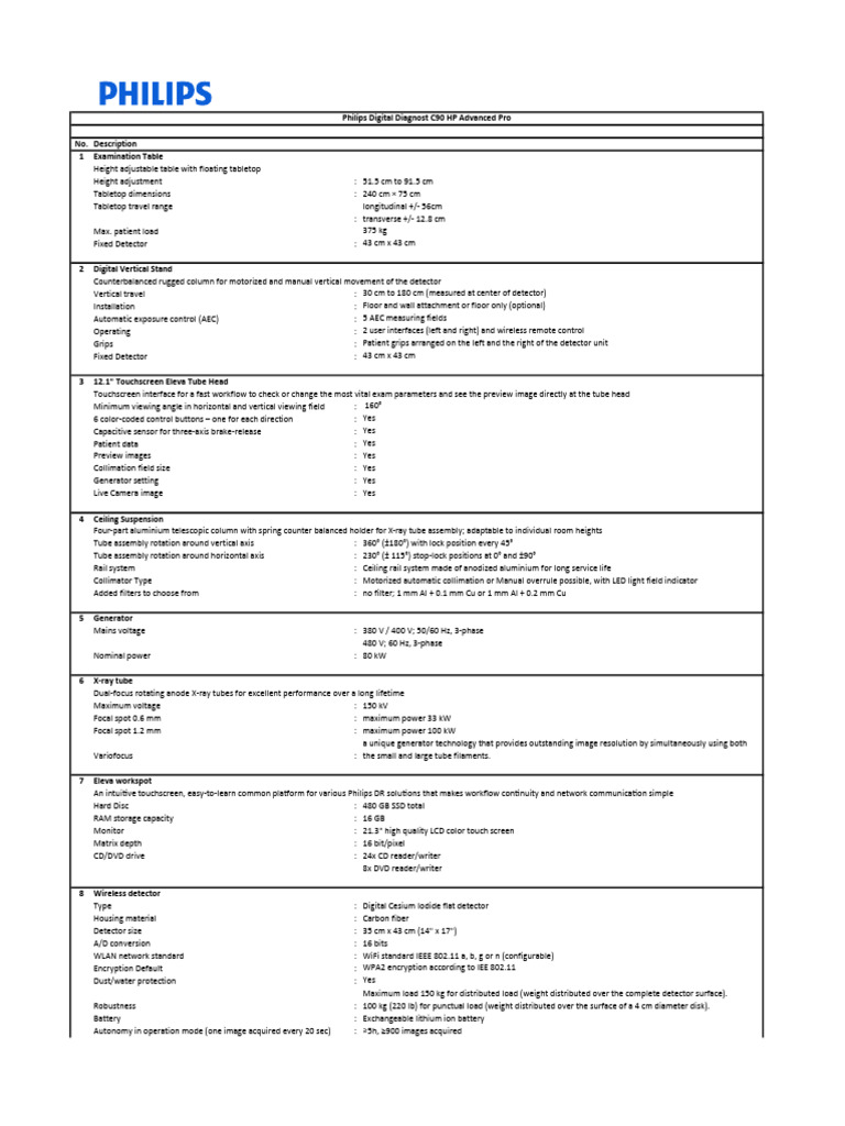 Philips DigitalDiagnost C90 HP Advanced Pro - Specification | PDF ...