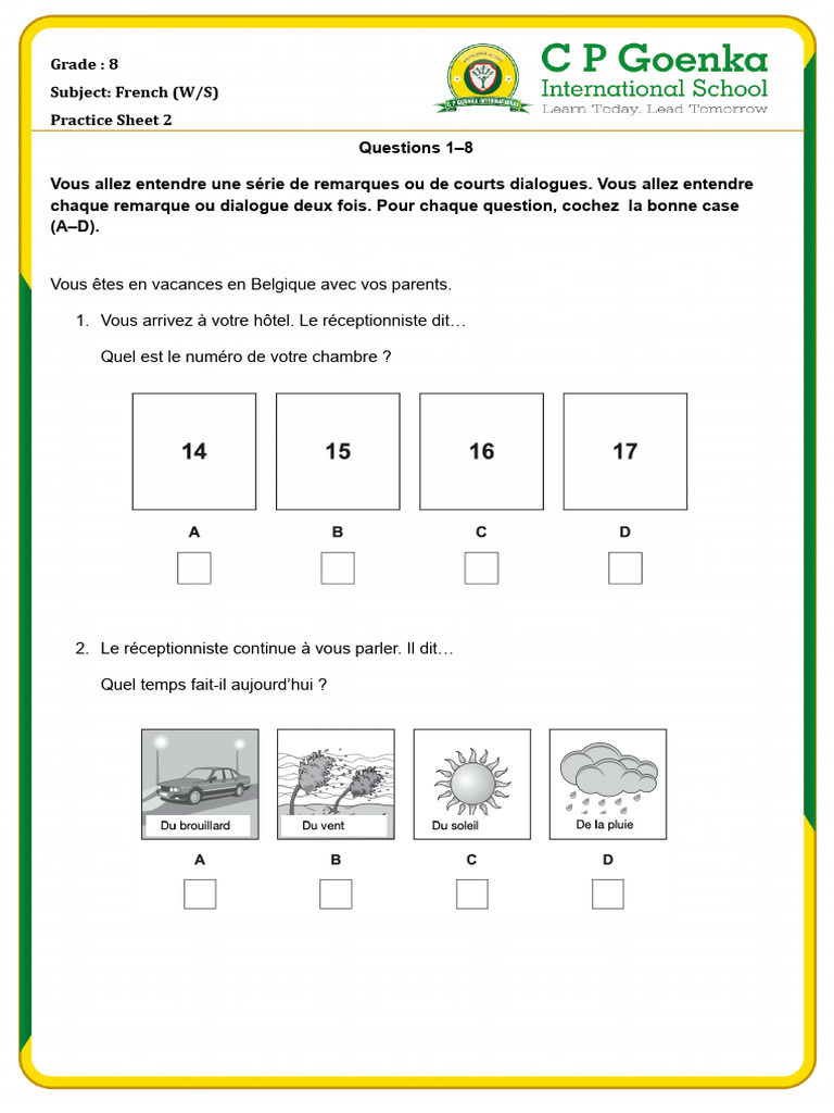 Gr8 French Listening Practice-Worksheet-2 Term-2 2025-26-1 | PDF
