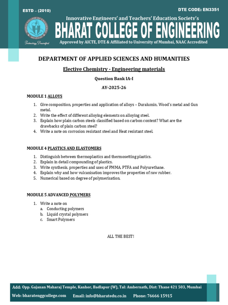 Engineering Materials Question Bank IA | PDF