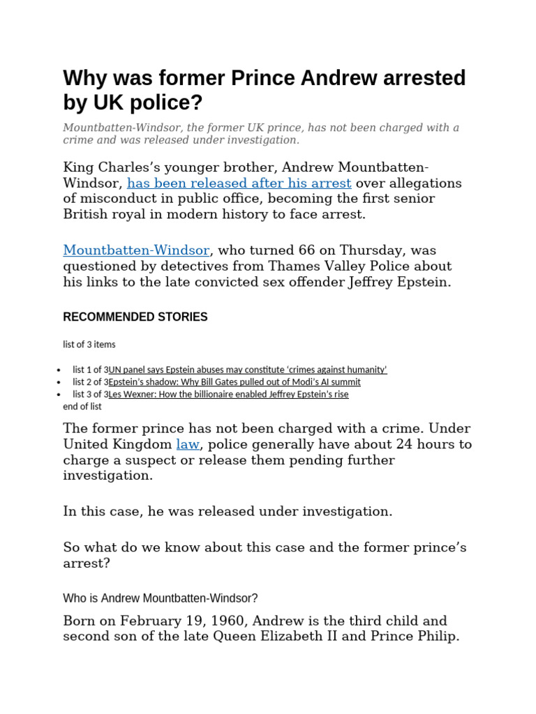 Why Was Former Prince Andrew Arrested by UK Police | PDF | Public Law ...