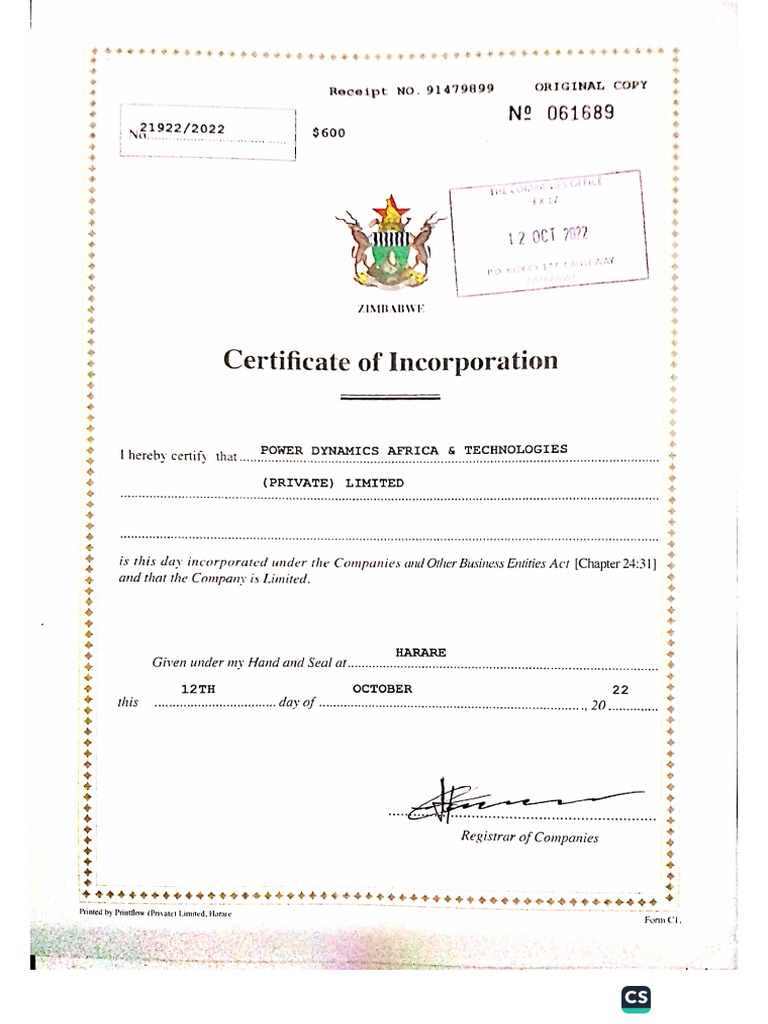 Power Dynamics Africa Certificate of Incorporation, CR6 & CR5-CR14 | PDF