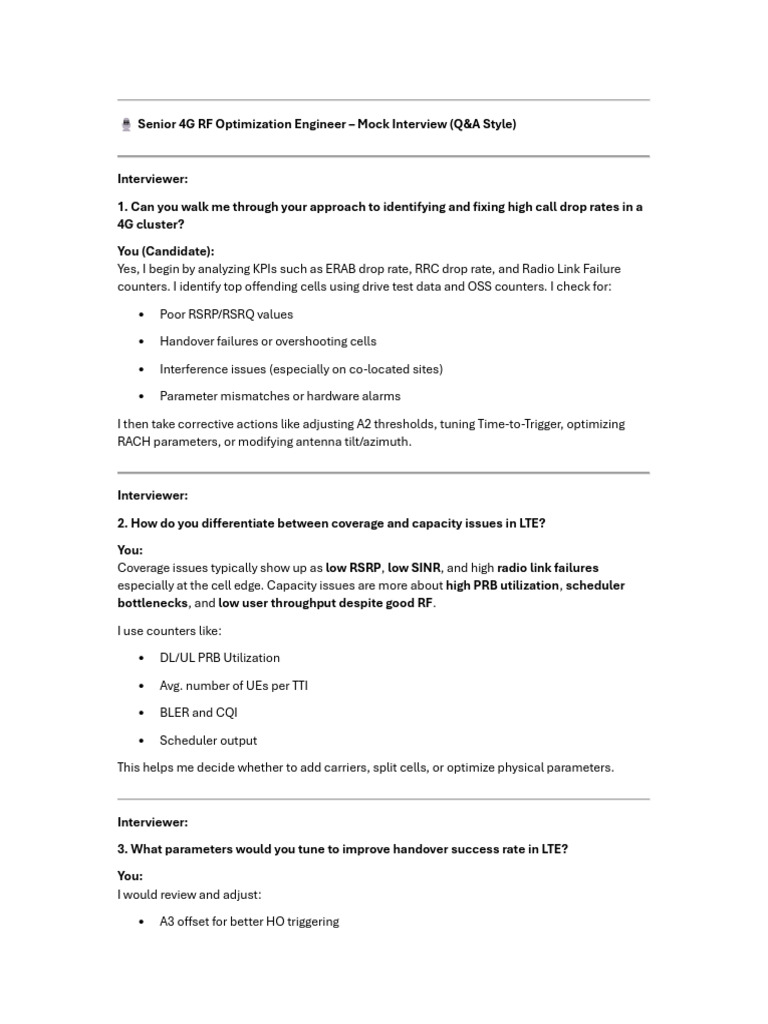 Senior 4G RF Optimization Engineer - Mock Interview (Q&A Style) | PDF ...