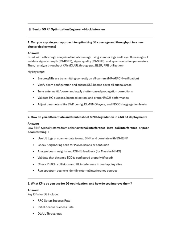 Senior 5G RF Optimization Engineer - Mock Interview | PDF | Mimo ...