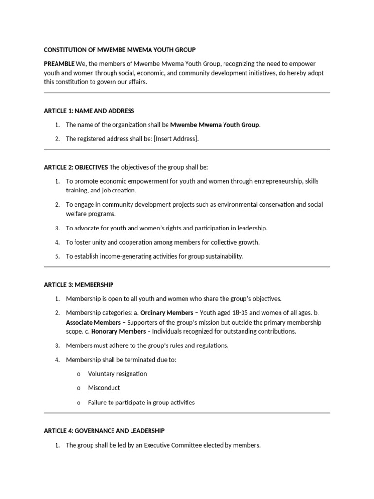 Constitution of Mwembe Mwema Youth Group | PDF | Justice | Crime & Violence