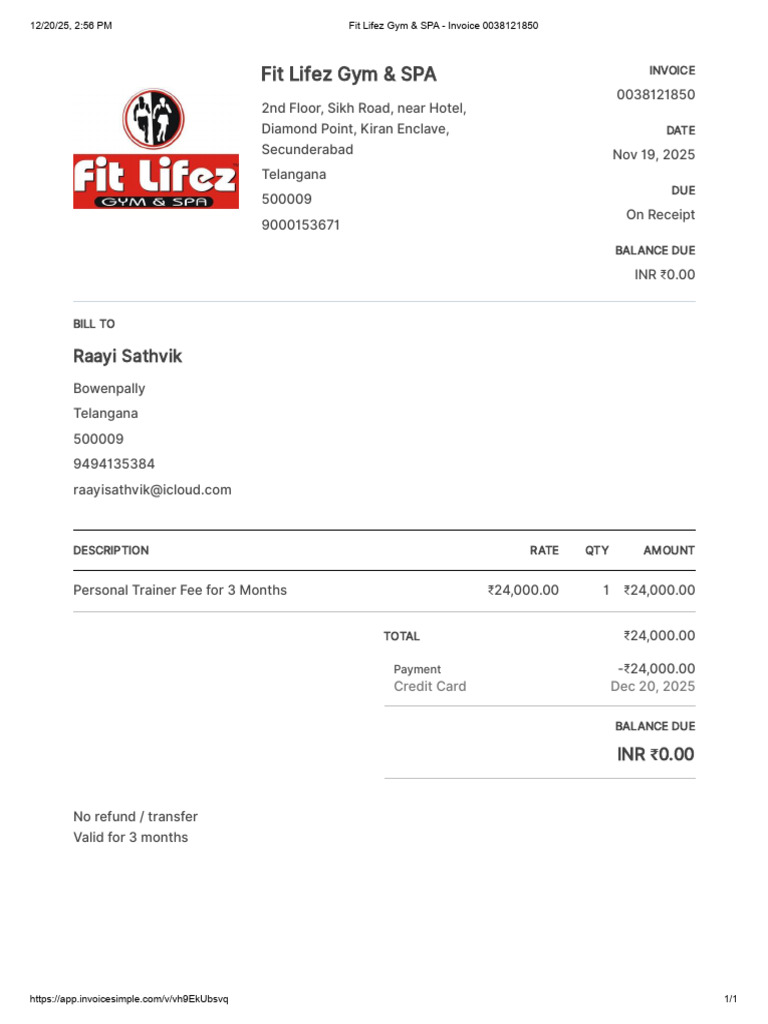 Fit Lifez Gym & SPA - Invoice 0038121850 | PDF | Business | Money