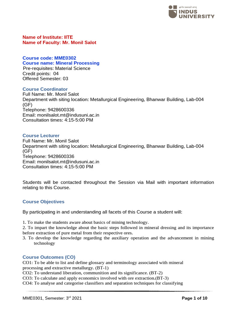 Mineral Processing-Course Plan - Monil Salot - 2021 | PDF