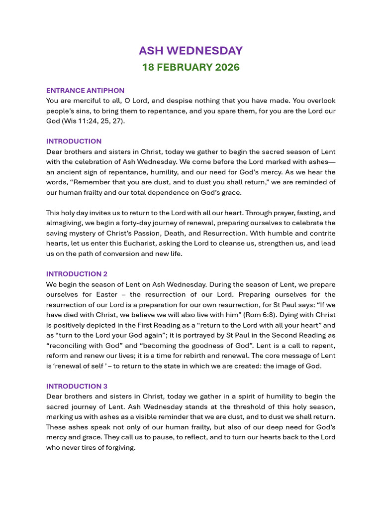 Ash Wednesday English Liturgy | PDF | Lent | Penance