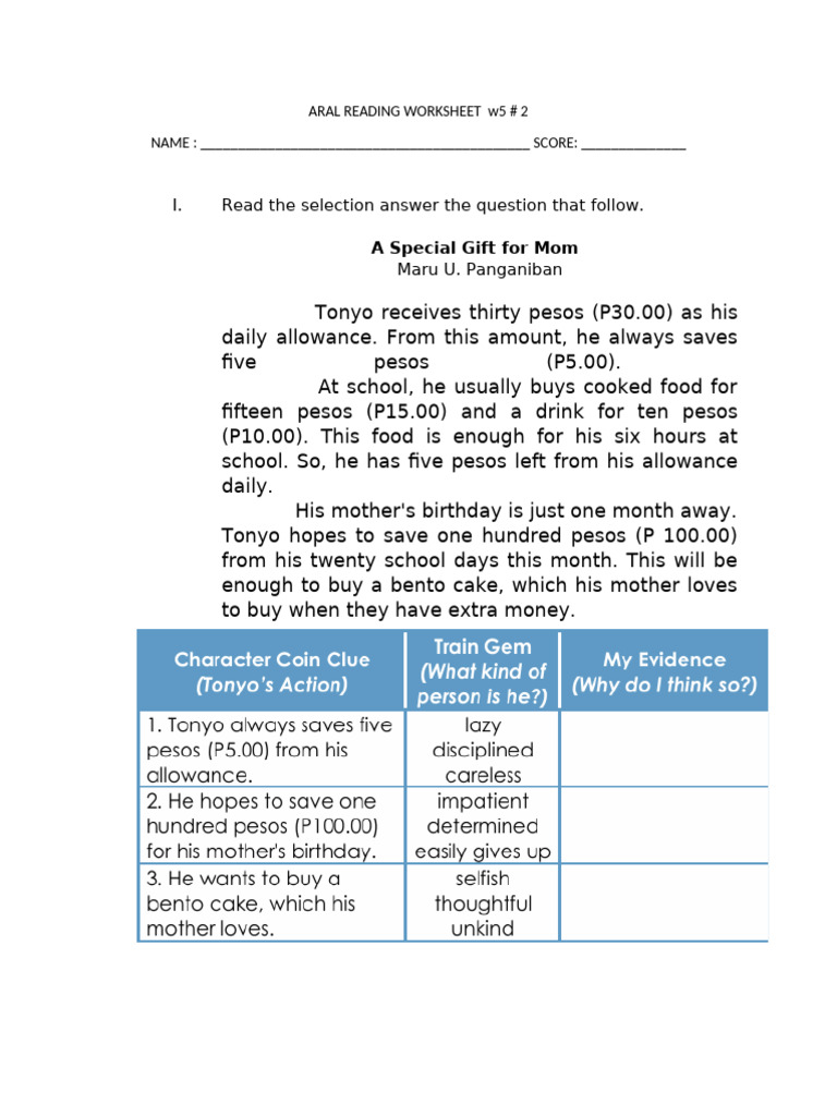Aral Reading Worksheet w5 #2 | PDF