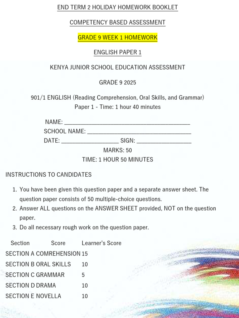 Grade 9 Endterm 2 Holiday Assignment s1 | PDF | Lion | Water