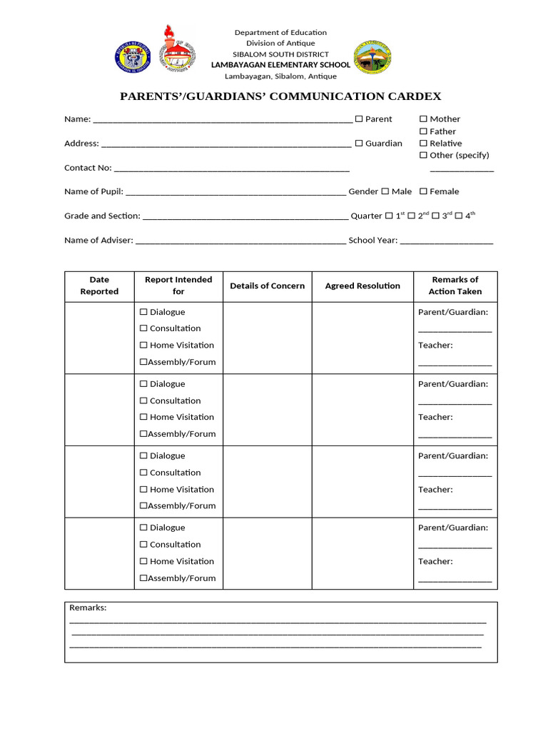 Parents - Guardians Communication Cardex | PDF