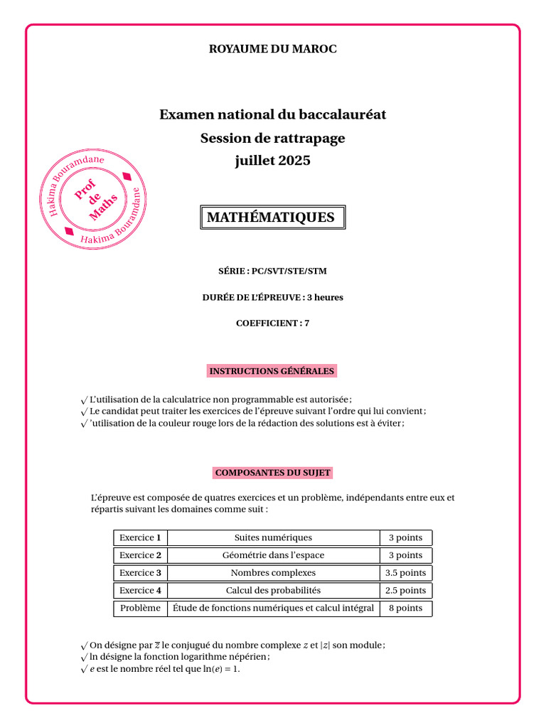 Examen National Session Rattrapage 2025 | PDF | Arithmétique | Théorie ...
