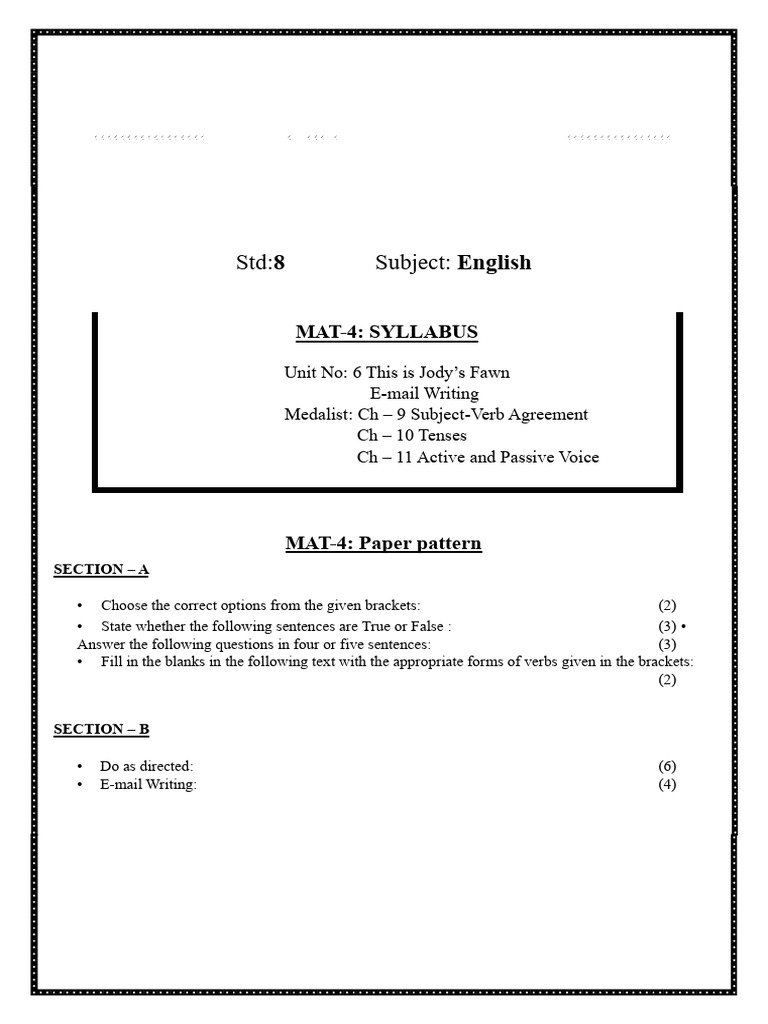 Std.8 MAT-4 Syllabus and Pattern | PDF | Subject (Grammar) | Verb